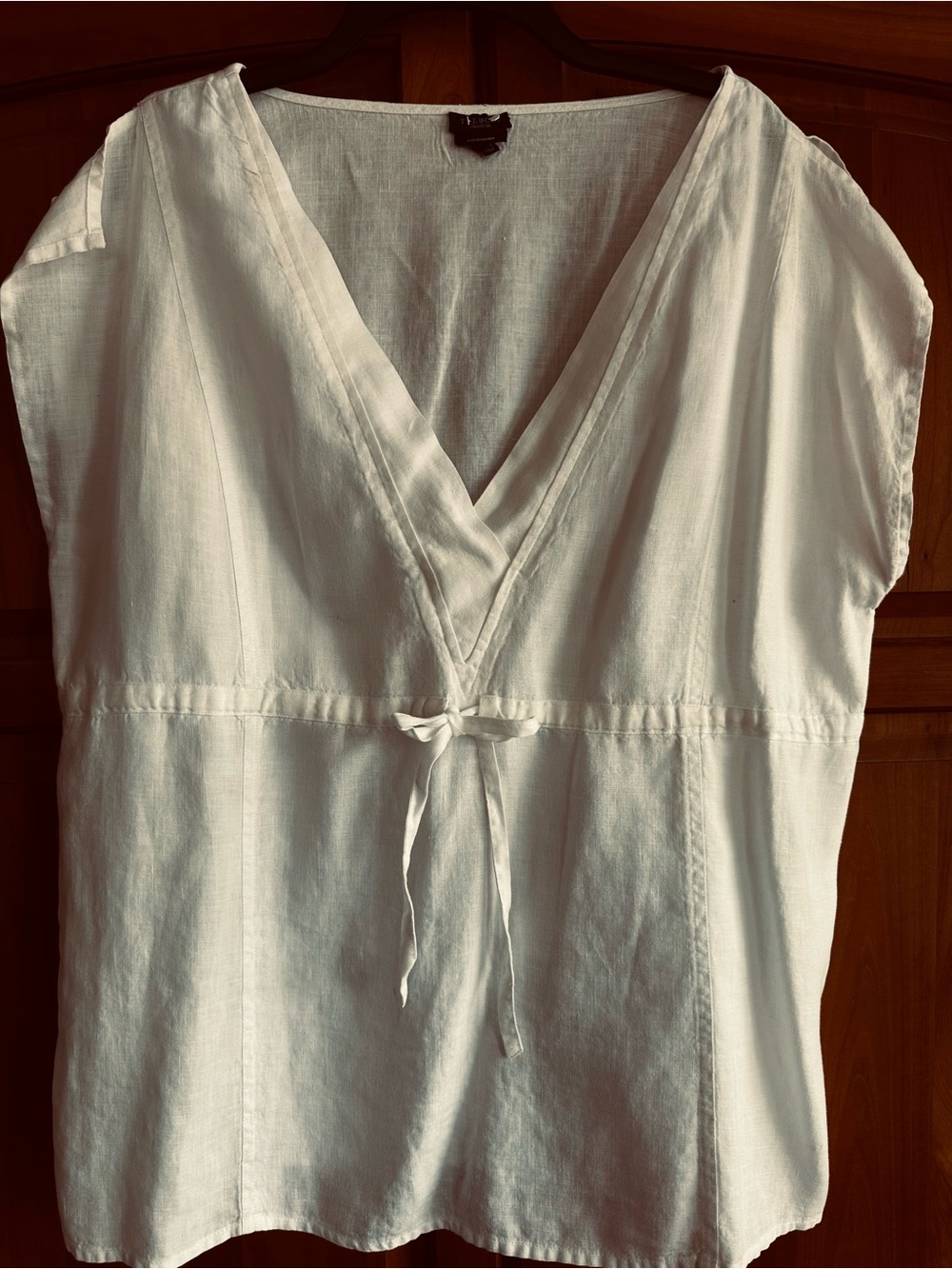 Talbots, White V-Neck Tie-Front Popover Linen Blouse with drawstring, Size 18.